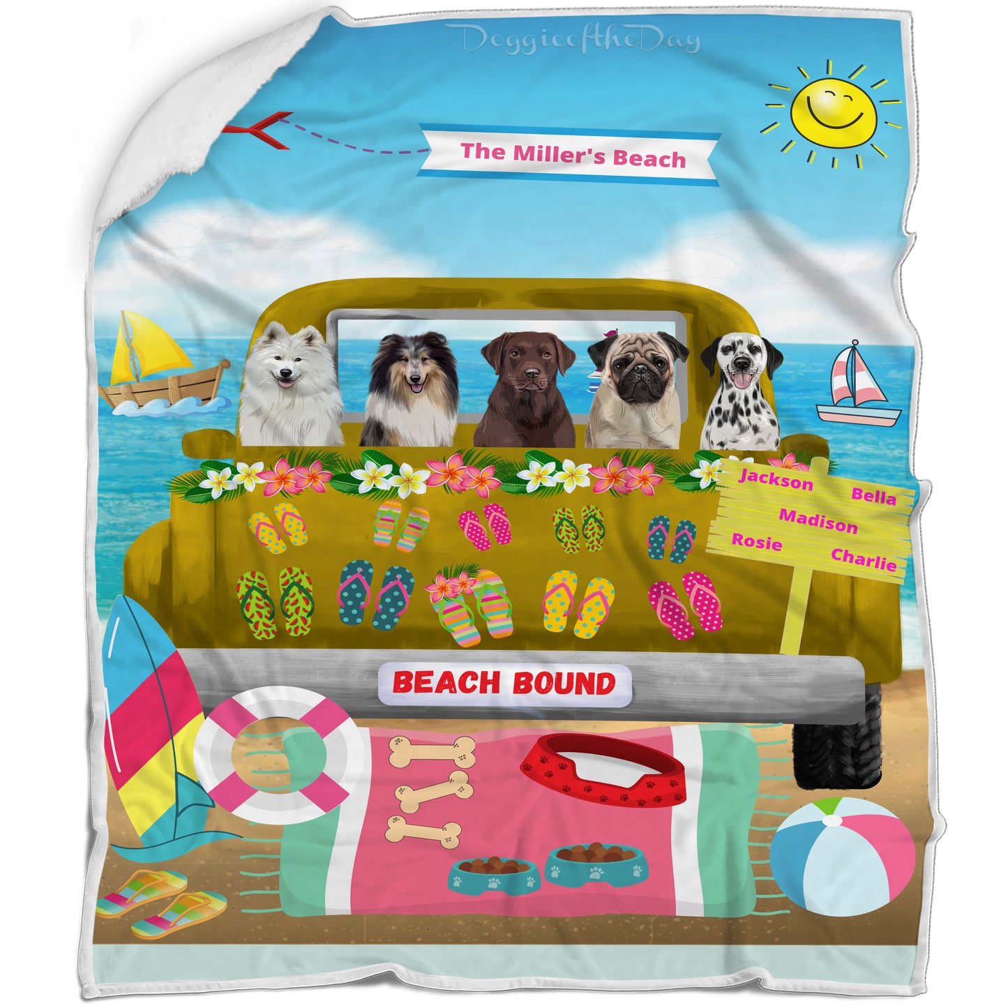 Personalized Beach Bound Dog Cat Pets Blanket 1 to 5 Pets