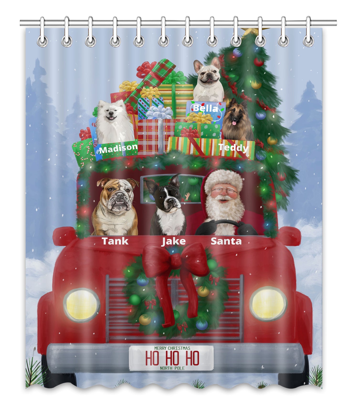 Personalized Merry Christmas Red Truck 2 Dog Cat Pets Shower Curtain 1-5 Pets
