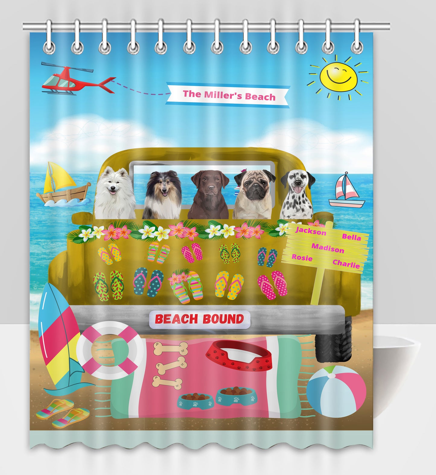 Personalized Beach Bound Dog Cat Pets Shower Curtain 1-5 Pets
