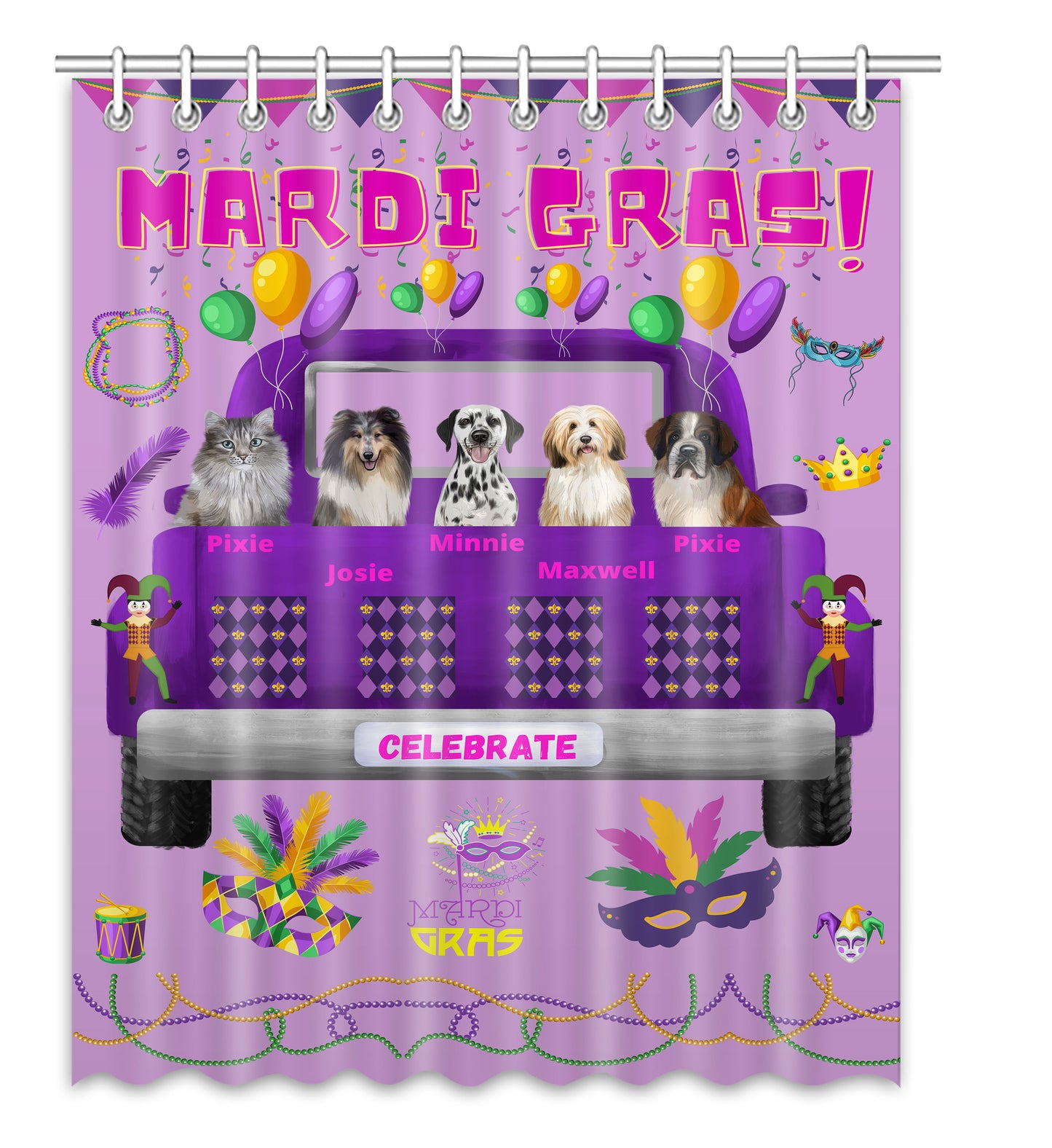 Personalized Mardi Gras Dog Cat Pets Shower Curtain 1-5 Pets