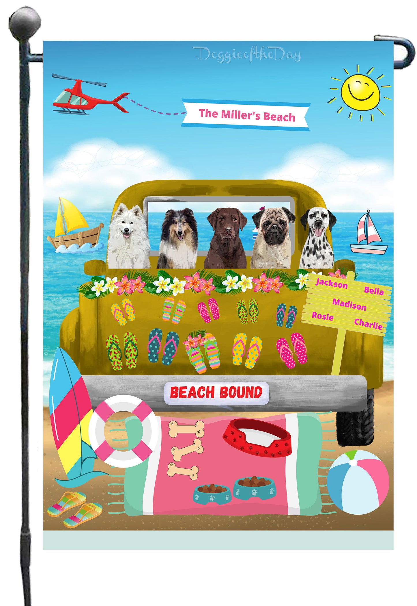 Personalized Beach Bound Dog Cat Pets Garden Flag 1 to 5 Pets