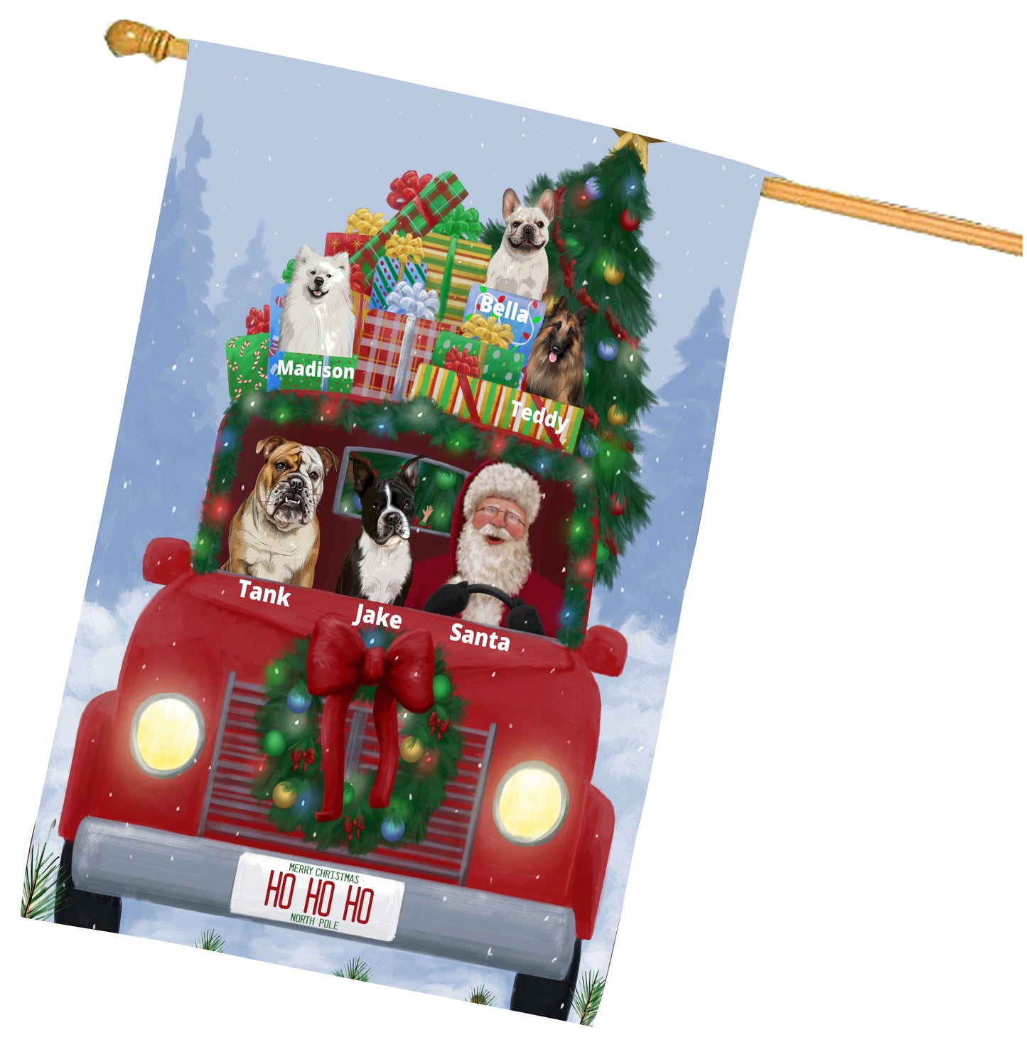 Personalized Merry Christmas Red Truck 2 Dog Cat Pets House Flag 1 to 5 Pets