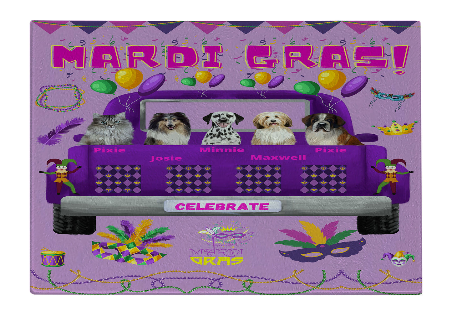 Personalized Mardi Gras Dog Cat Pets Cutting Board 1 to 5 Pets