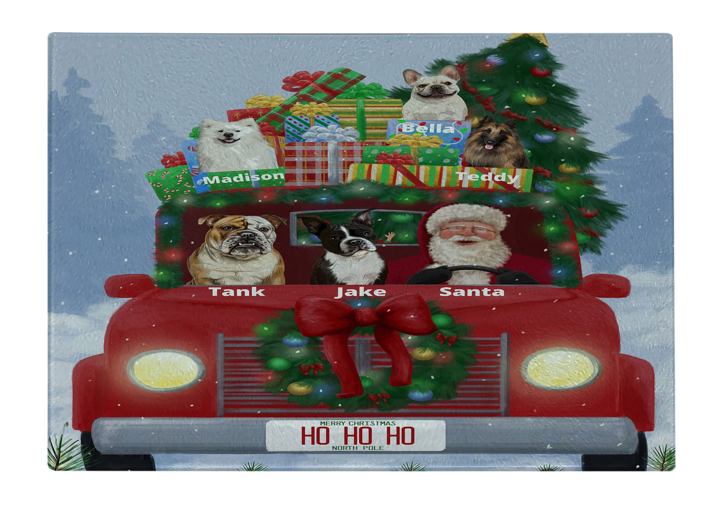 Personalized Merry Christmas Red Truck 2 Dog Cat Pets Cutting Board 1 to 5 Pets