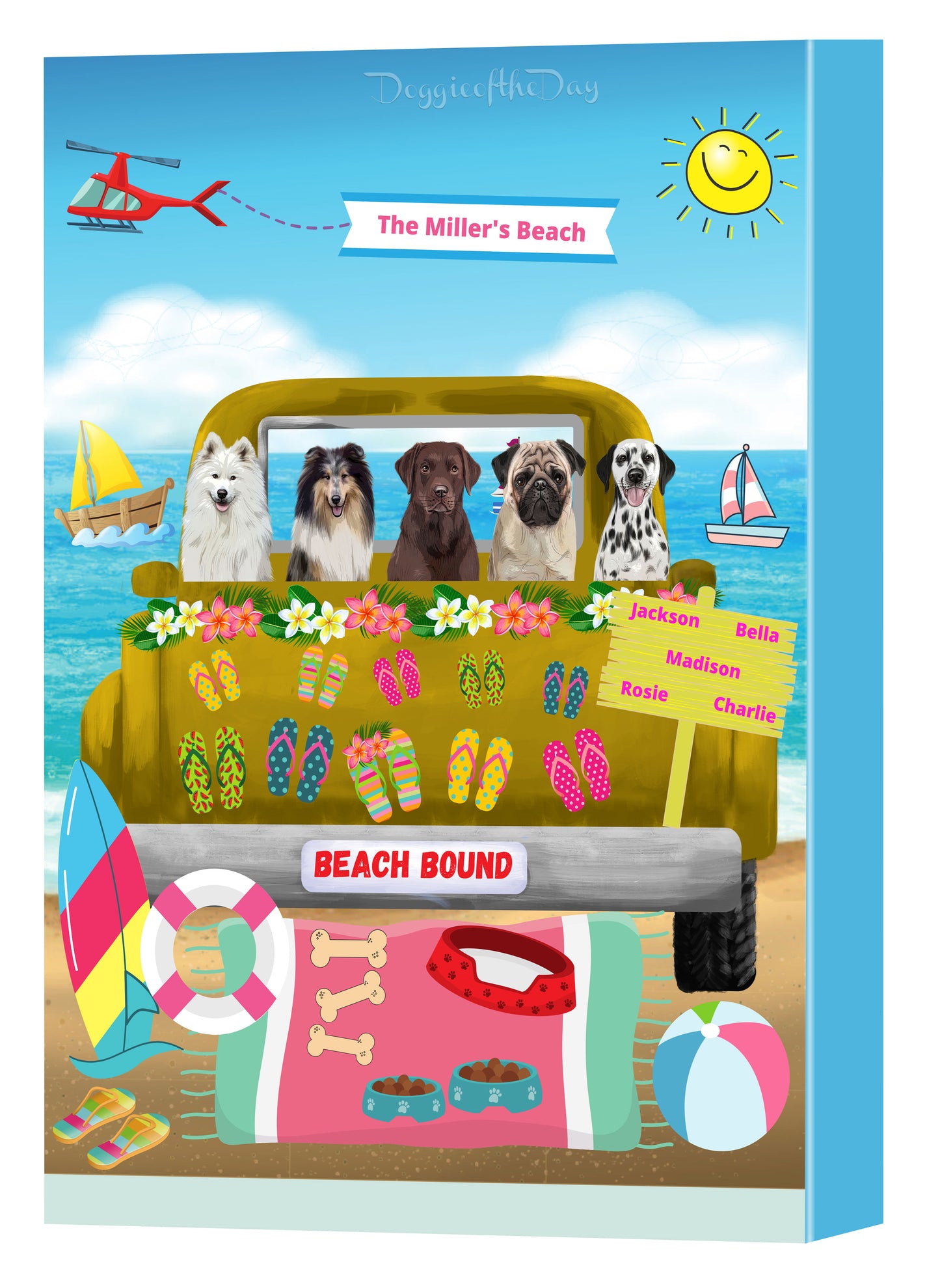 Personalized Beach Bound Dog Cat Pets Canvas Print Wall Art Décor 1 to 5 Pets