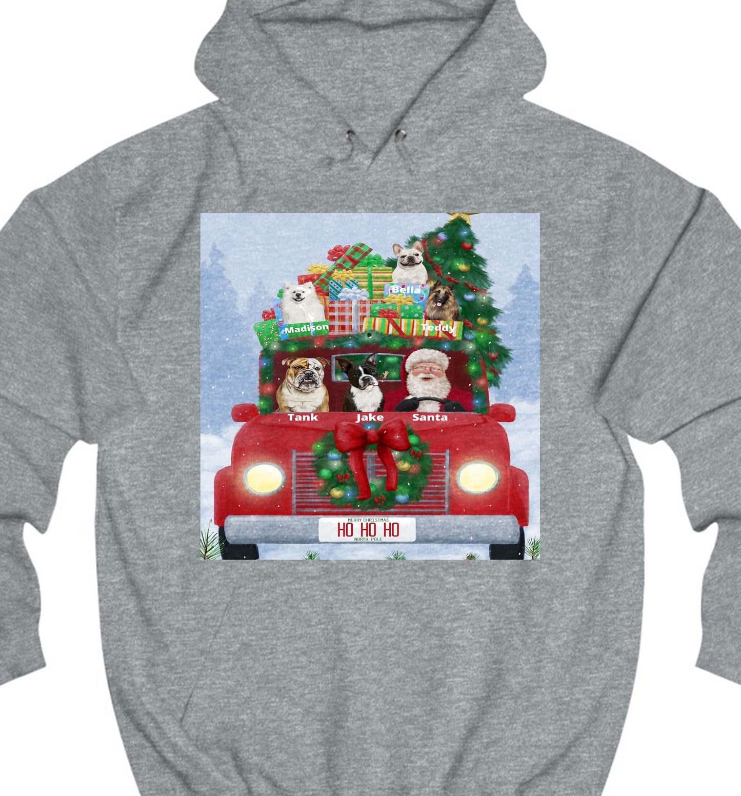 Personalized Merry Christmas Red Truck 2 Dog Cat Pets Pullover Hoodies 1 to 5 Pets