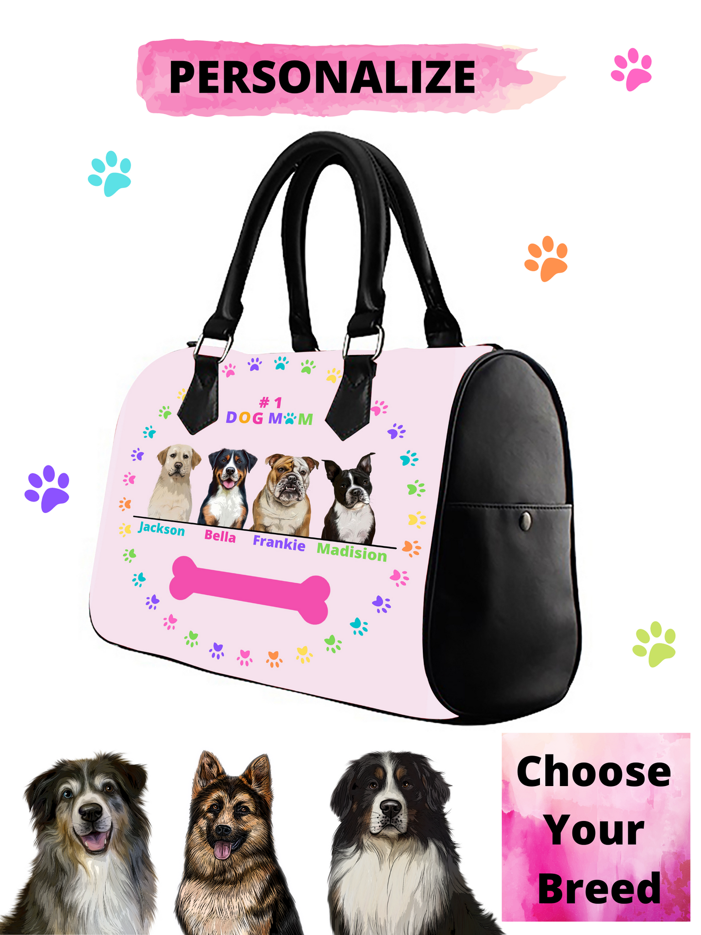 Personalized Dog Cat Pet #1 MOM  Boston Handbag 1-4 Pets