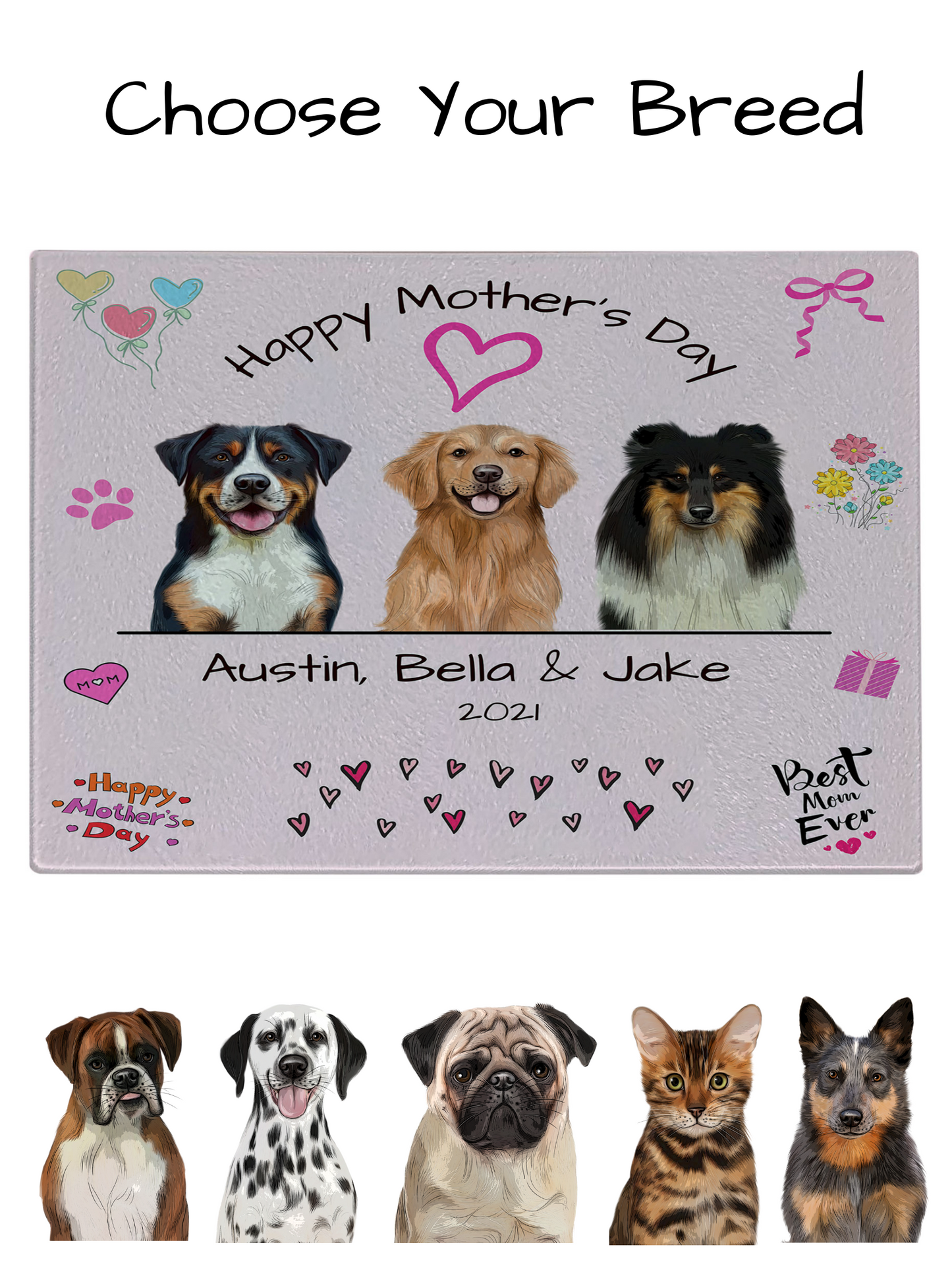 Personalized Happy Mother's Day Dog Cat Pets Glass Cutting Board