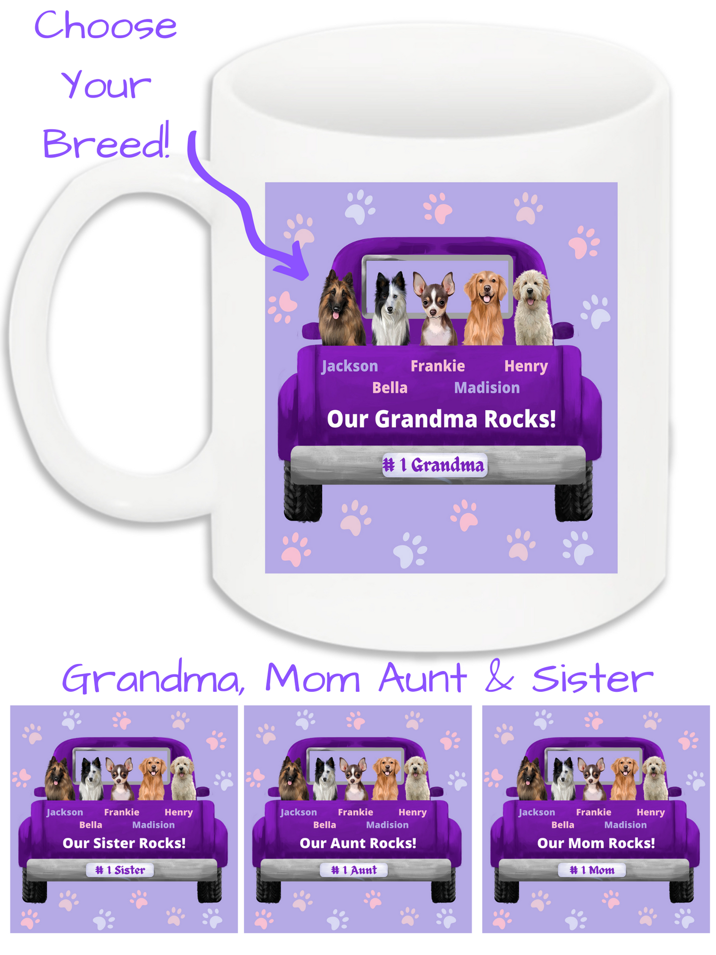 Personalized Purple Truck Dog Cat Pets Mug 1 to 5 Pets