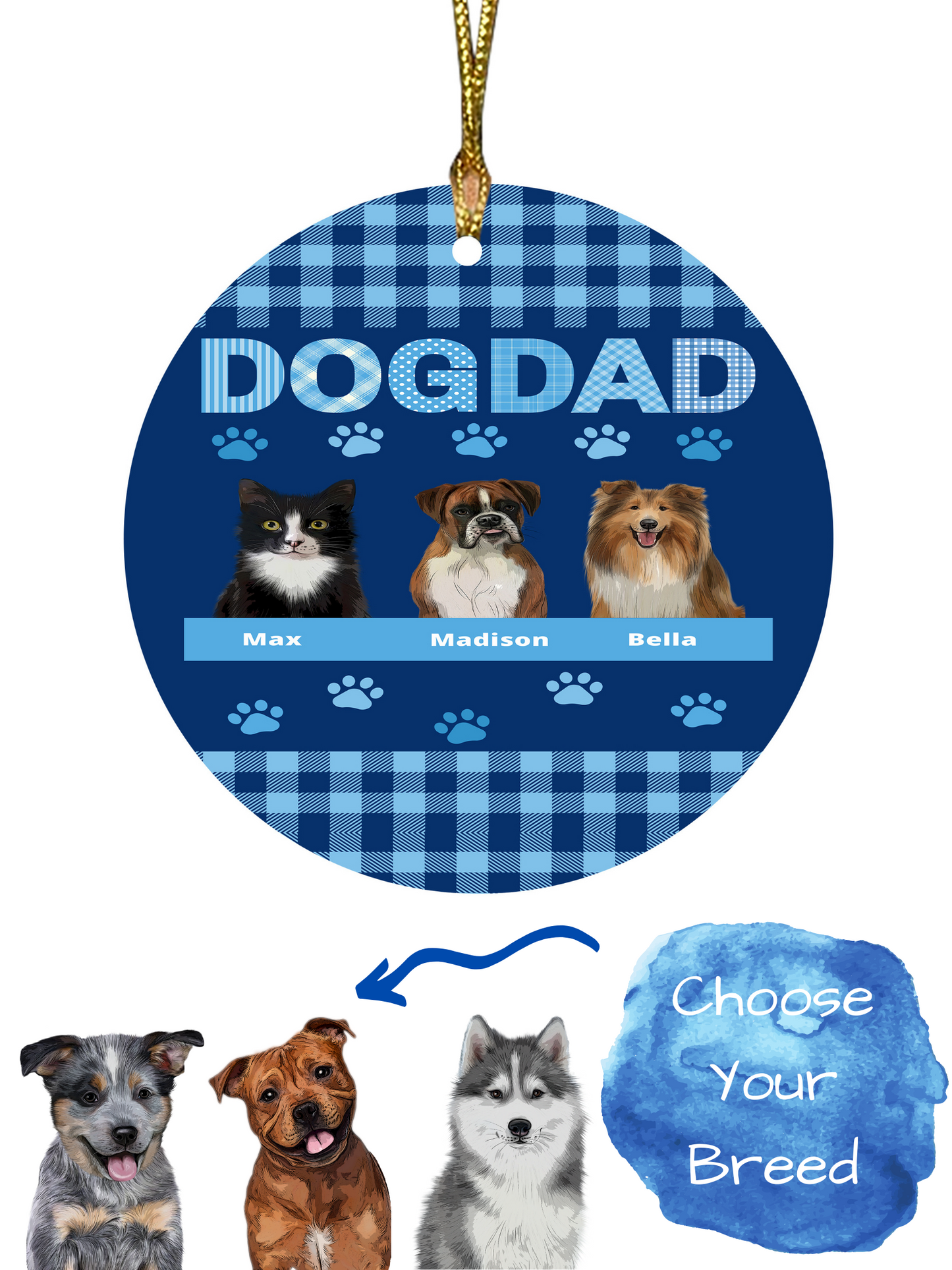Personalized Dog Cat Pet Dad Round Flat Christmas Tree Ornament