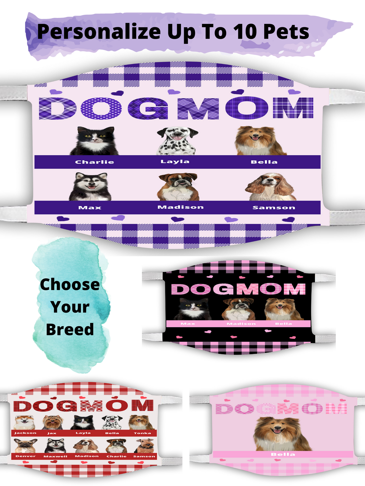 Personalized Dog Cat Pet Mom Face Mask 1-10 Pets