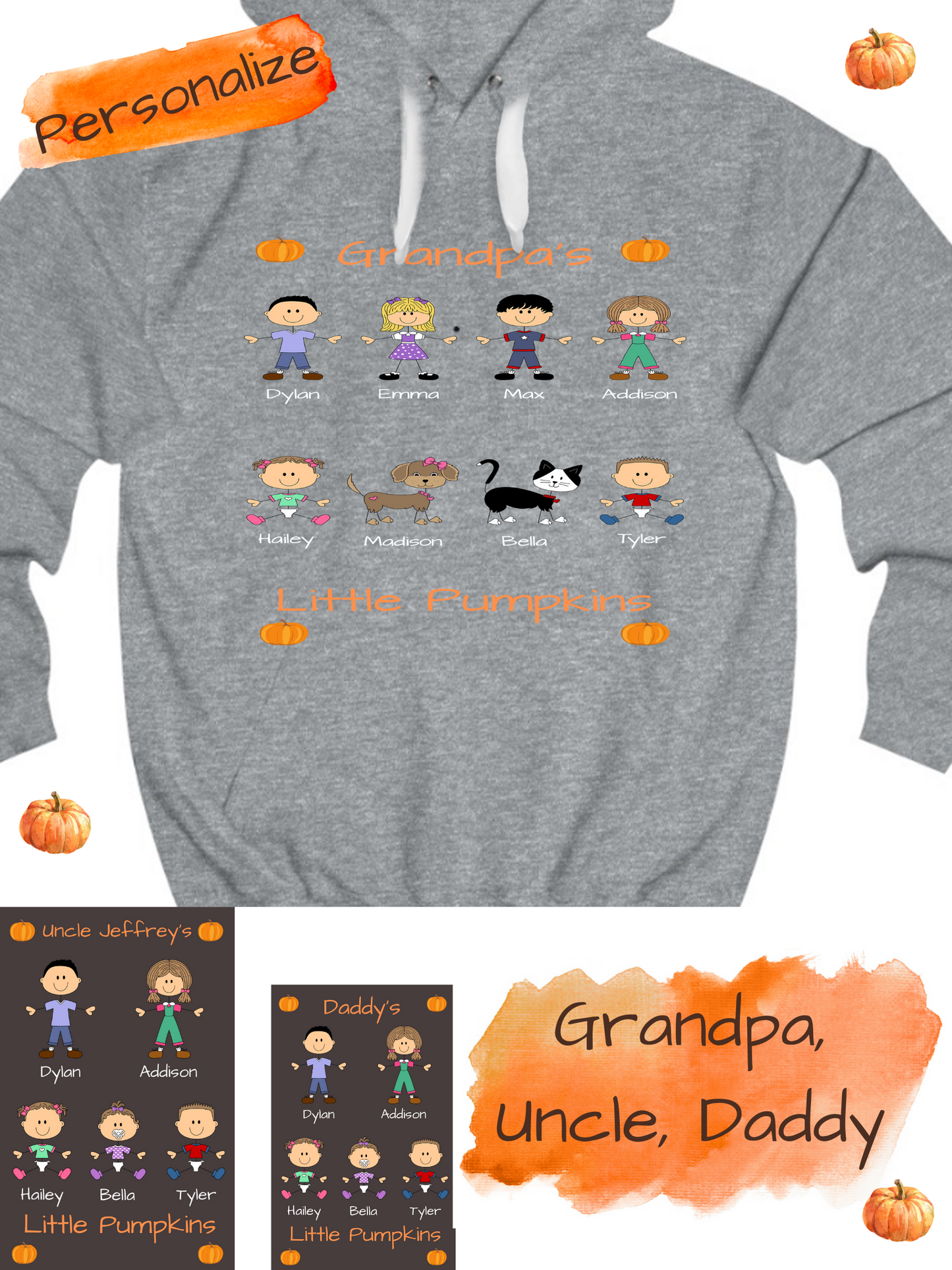 Personalized Dog Cat Pets Grandpa, Uncle, Dad, Husband or Brother's Little Pumpkins Men's Hoodie