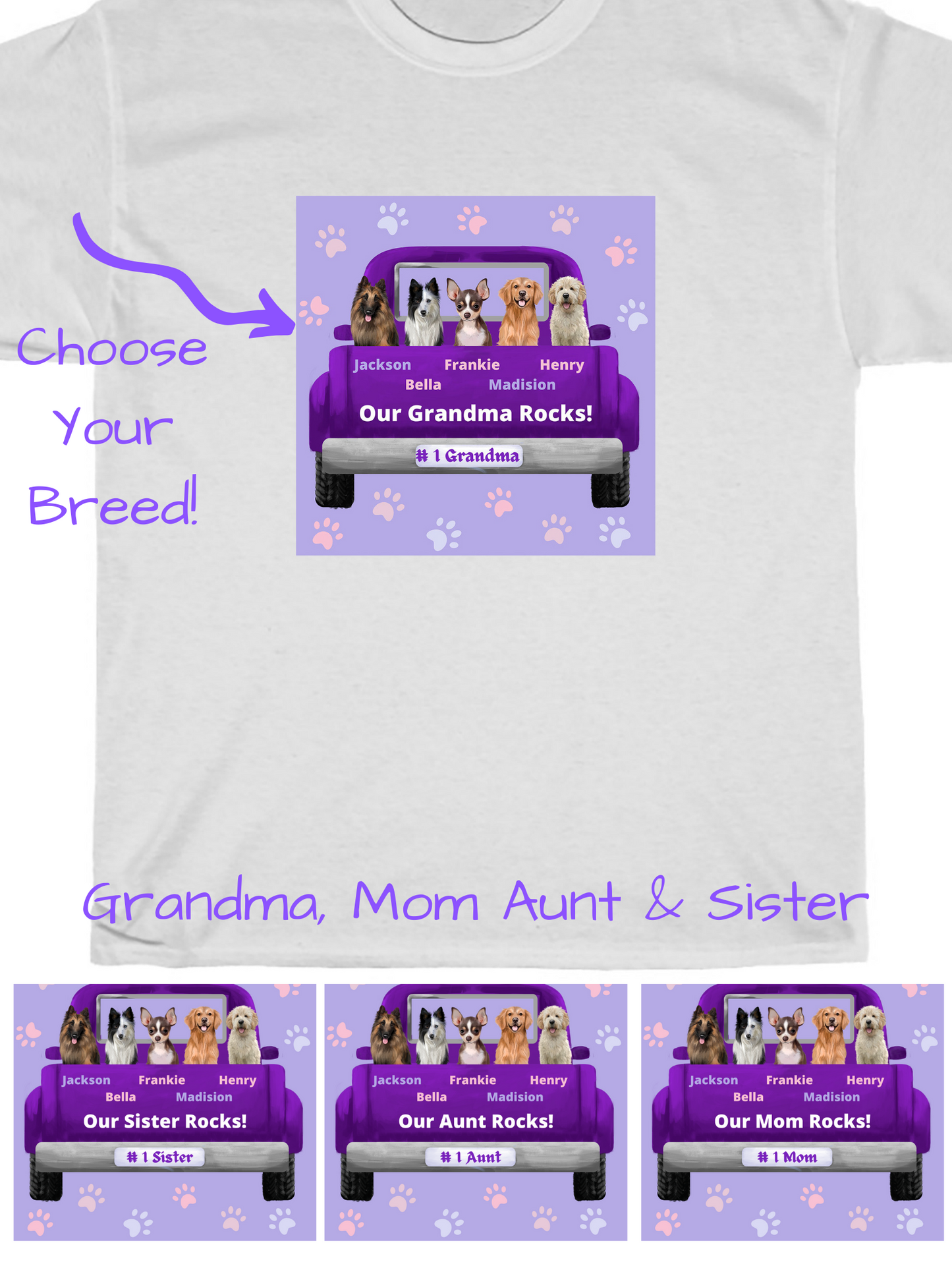 Personalized Purple Truck Dog Cat Pets T-shirt 1 to 5 Pets