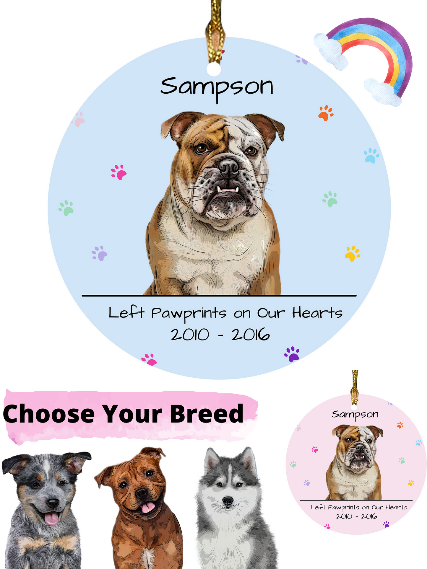 Personalized Dog Cat Pet Rainbow Pawprint Memorial Round Flat Christmas Tree Ornament