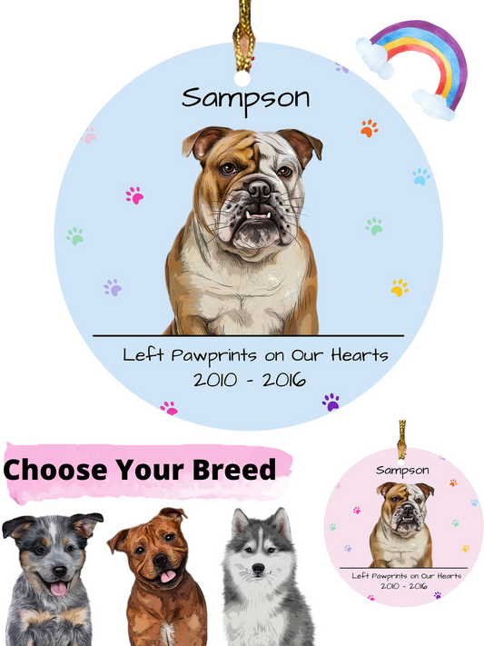 Personalized Dog Cat Pet Rainbow Pawprint Memorial Round Flat Christmas Tree Ornament