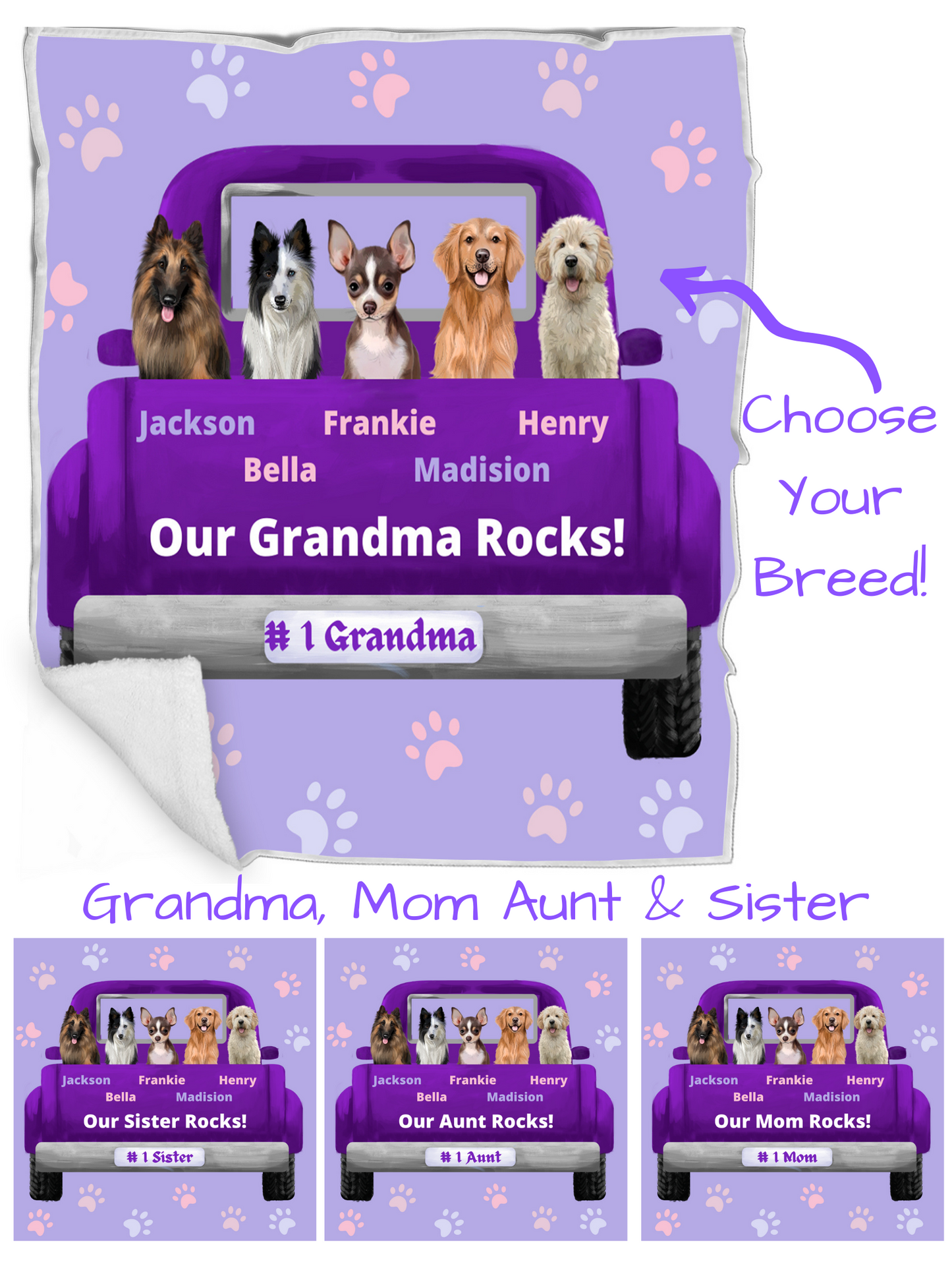 Personalized Purple Truck Dog Cat Pets Blanket 1-5 Pets
