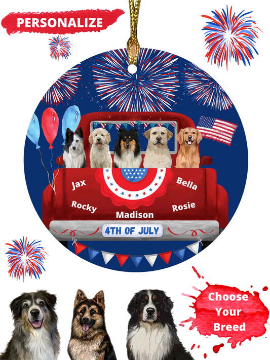 Personalized 4th of July Independence Dog Cat Pets Round Flat Christmas Tree Ornament 1-5 Pets