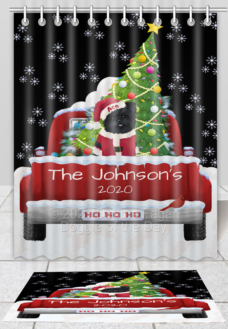 Personalized Travlin' Home for the Holidays Red Truck Affenpinscher Dog Bath Mat and Shower Curtain Combo SCBMPERZ48001