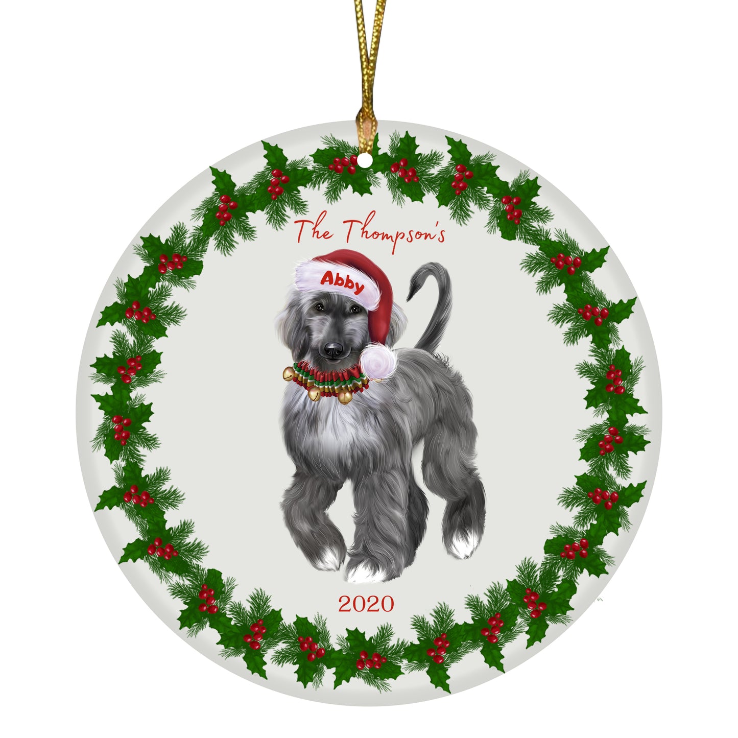 Personalized Holly Berry Trimming Afghan Hound Dog Ceramic Round Flat Christmas Tree Ornament RFPOR48190