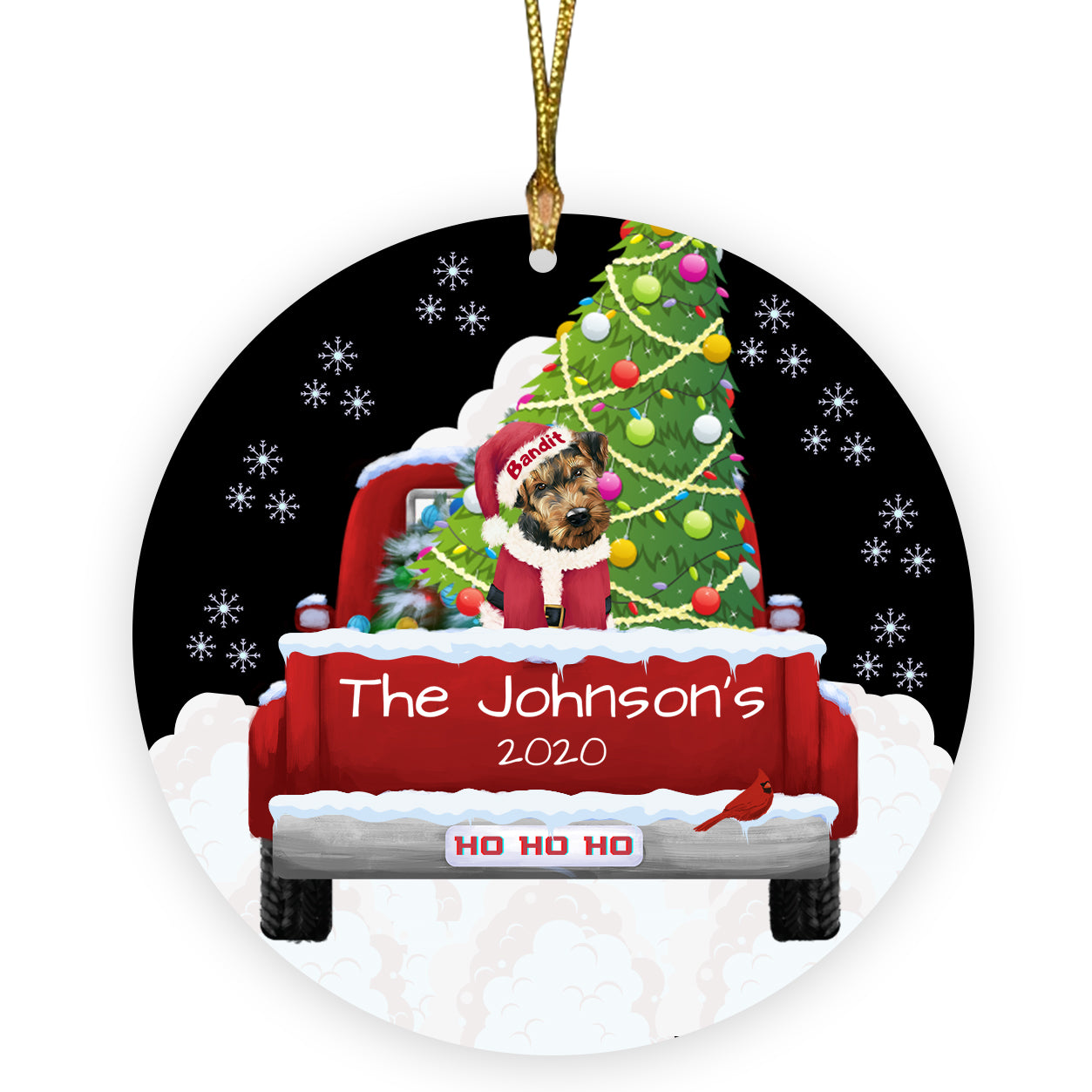 Personalized Travlin' Home for the Holidays Red Truck Airedale Dogs Ceramic Round Flat Christmas Tree Ornament RFPOR48101