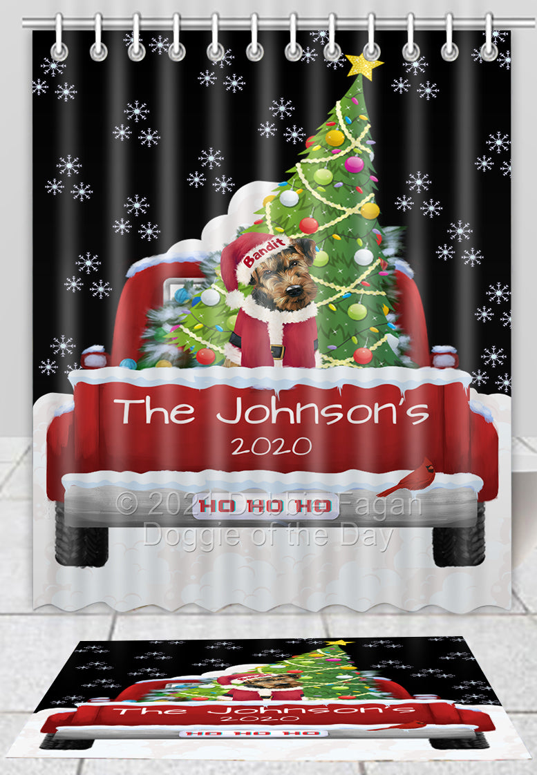 Personalized Travlin' Home for the Holidays Red Truck Airedale Dog Bath Mat and Shower Curtain Combo SCBMPERZ48003