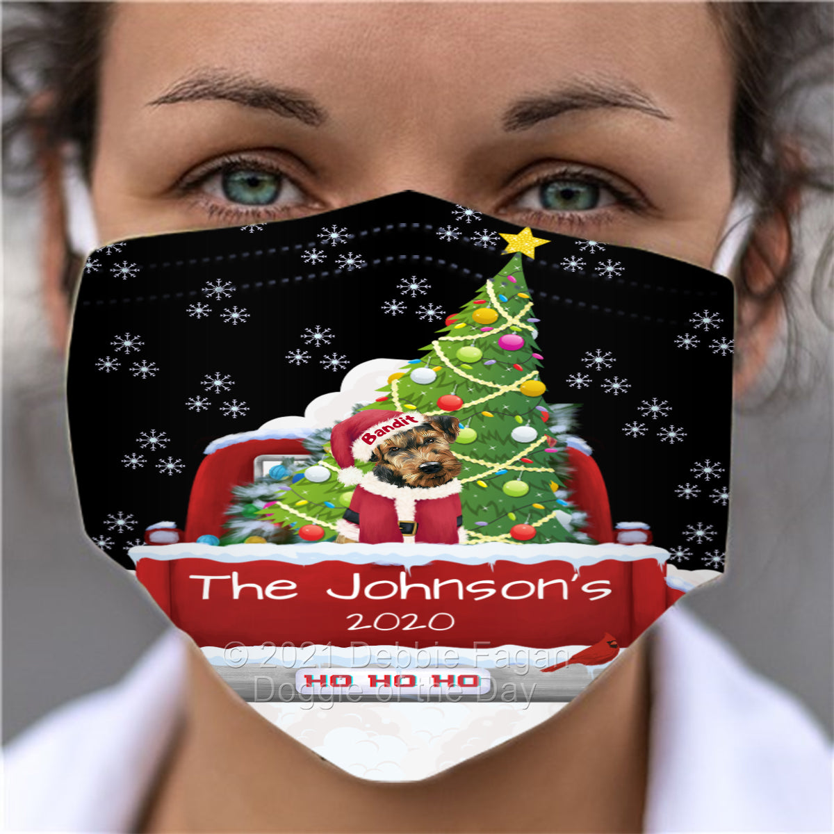 Personalized Travlin' Home for the Holidays Red Truck Airedale Dog Face Mask FMPERZ48003