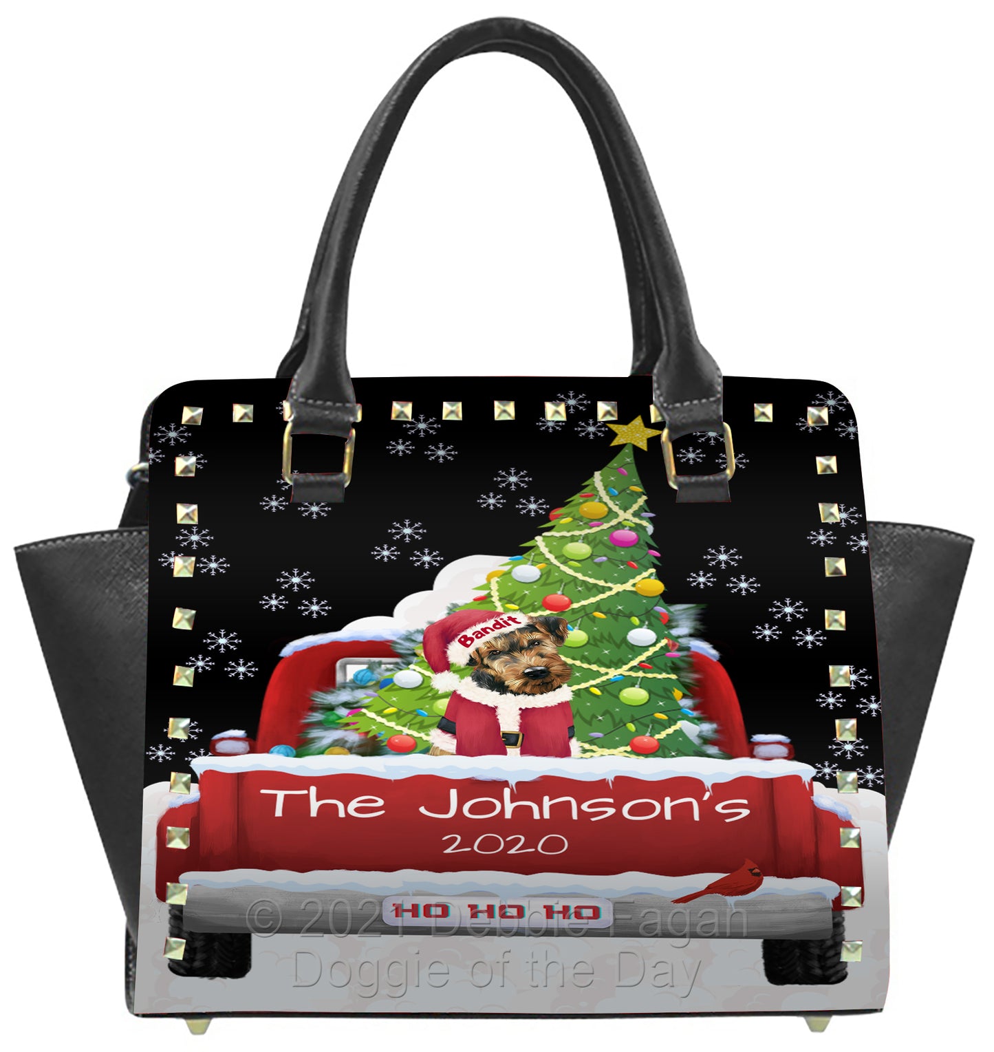 Personalized Travlin' Home for the Holidays Red Truck Airedale Dog Boston Handbag BHBPERZ48003