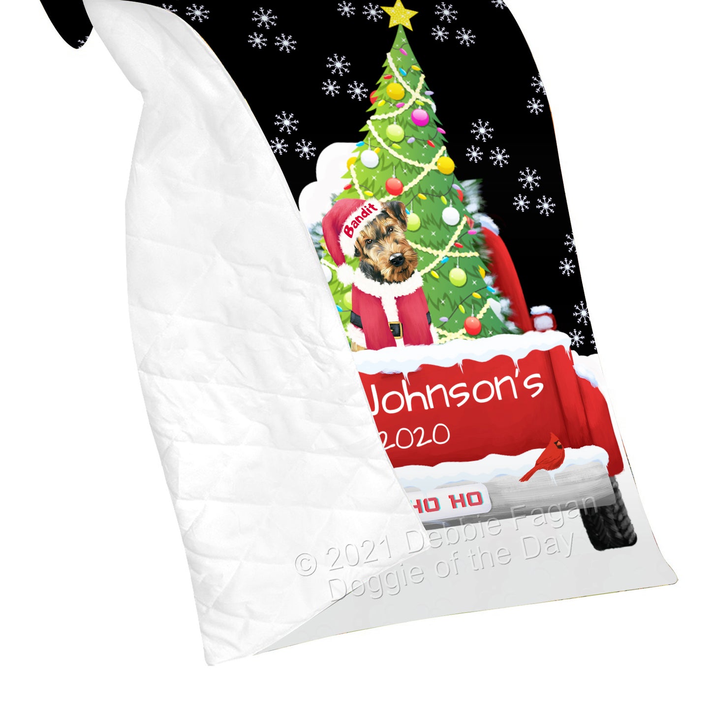 Personalized Travlin' Home for the Holidays Red Truck Airedale Dog Quilt QLTPERZ48011