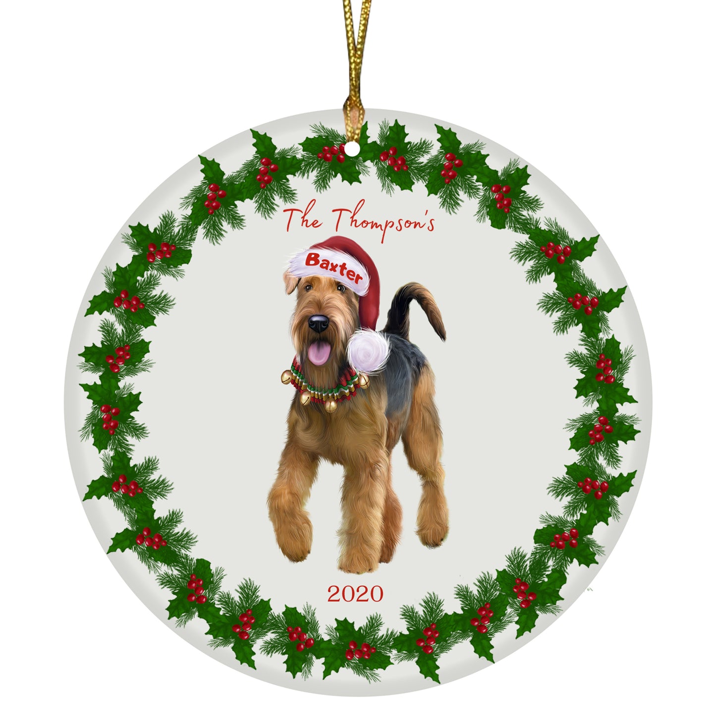 Personalized Holly Berry Trimming Airedale Terrier Dog Ceramic Round Flat Christmas Tree Ornament RFPOR48192