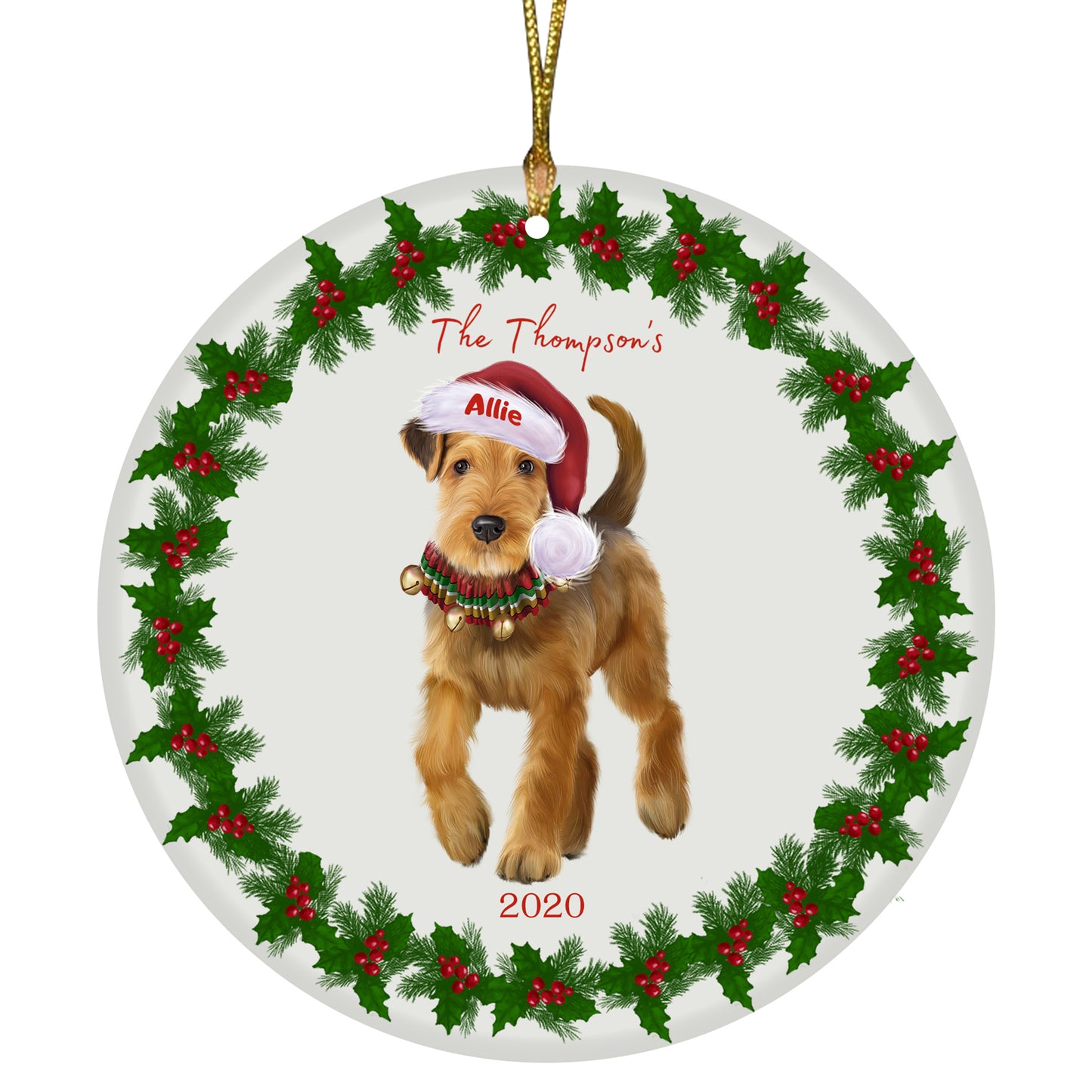 Personalized Holly Berry Trimming Airedale Terrier Dog Ceramic Round Flat Christmas Tree Ornament RFPOR48193