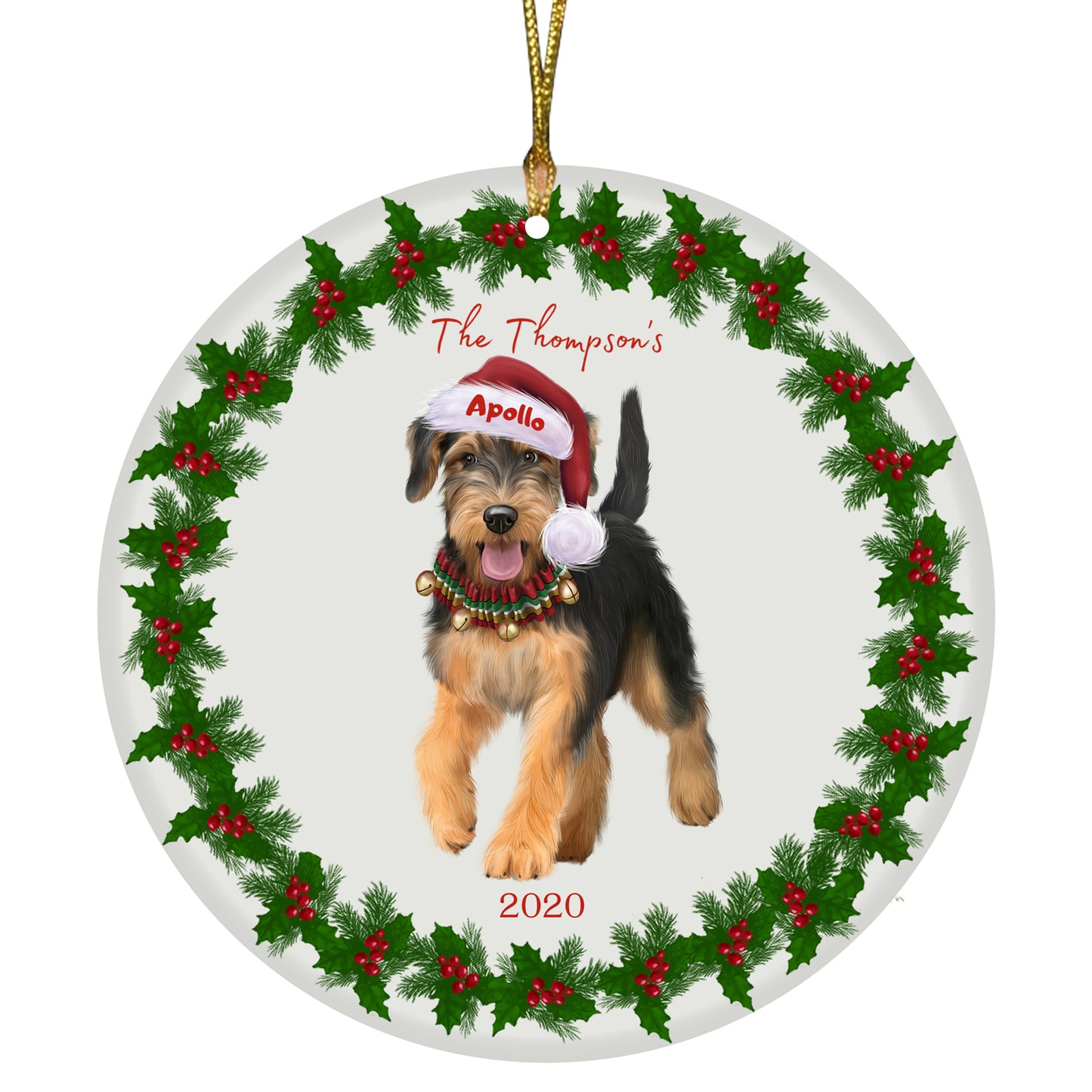 Personalized Holly Berry Trimming Airedale Terrier Dog Ceramic Round Flat Christmas Tree Ornament RFPOR48194