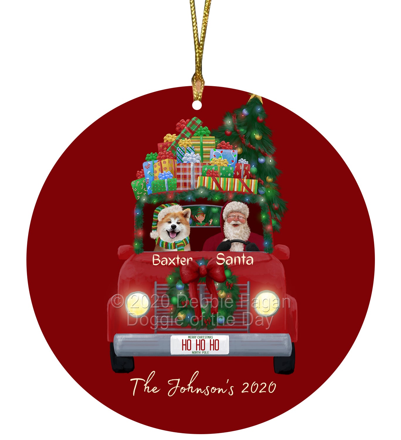 Personalized Red truck Santa with Akita Dog Ceramic Round Flat Christmas Tree Ornament RFPOR48007