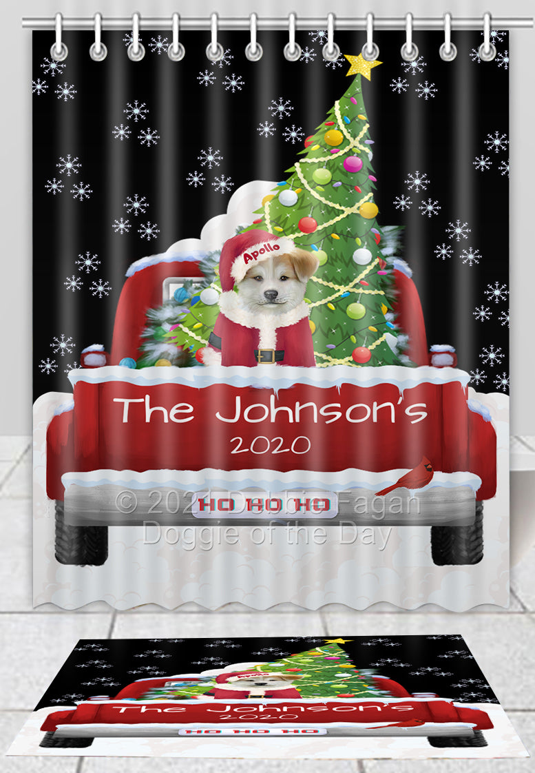 Personalized Travlin' Home for the Holidays Red Truck Akita Dog Bath Mat and Shower Curtain Combo SCBMPERZ48004