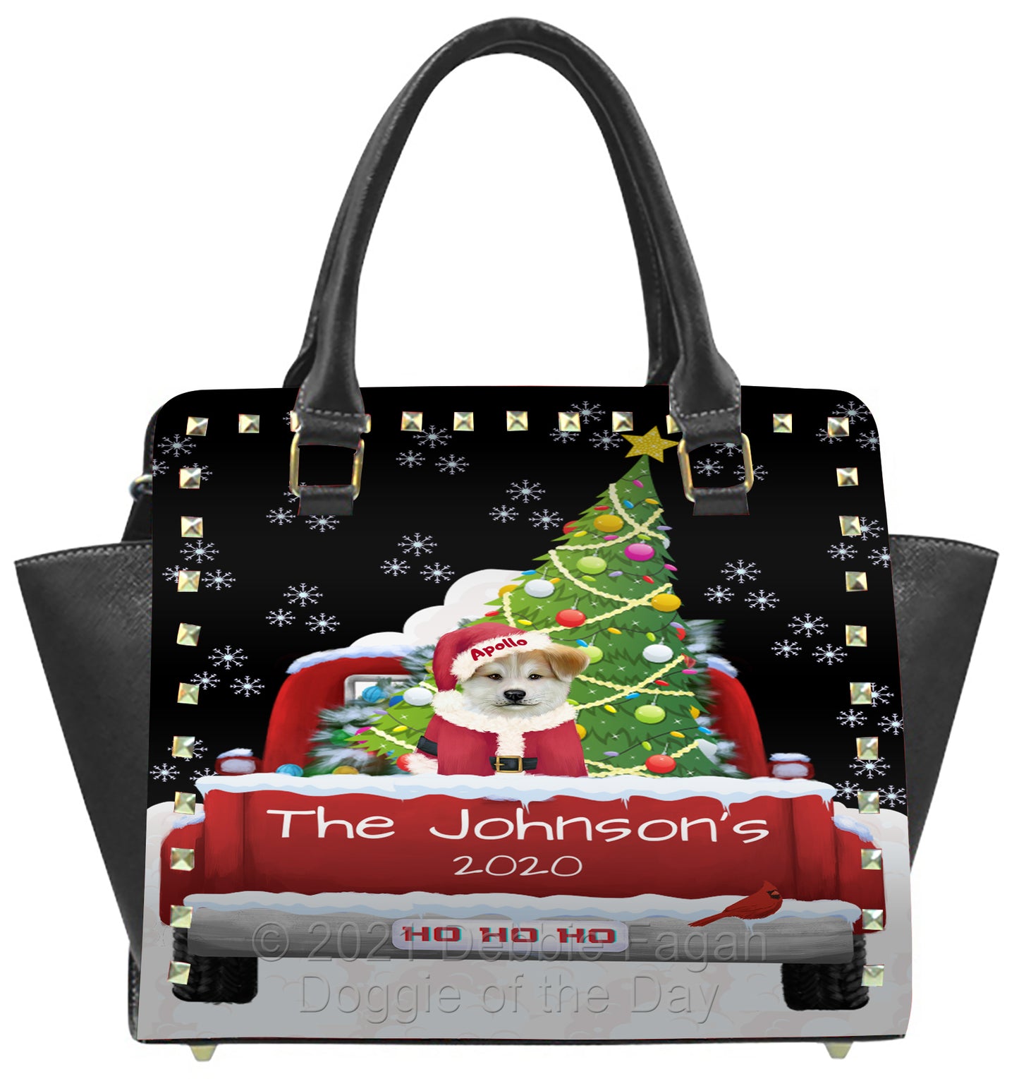 Personalized Travlin' Home for the Holidays Red Truck Akita Dog Boston Handbag BHBPERZ48004