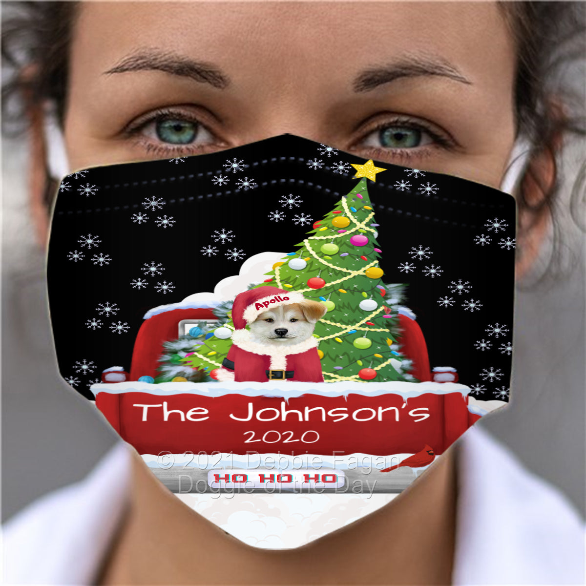 Personalized Travlin' Home for the Holidays Red Truck Akita Dog Face Mask FMPERZ48004