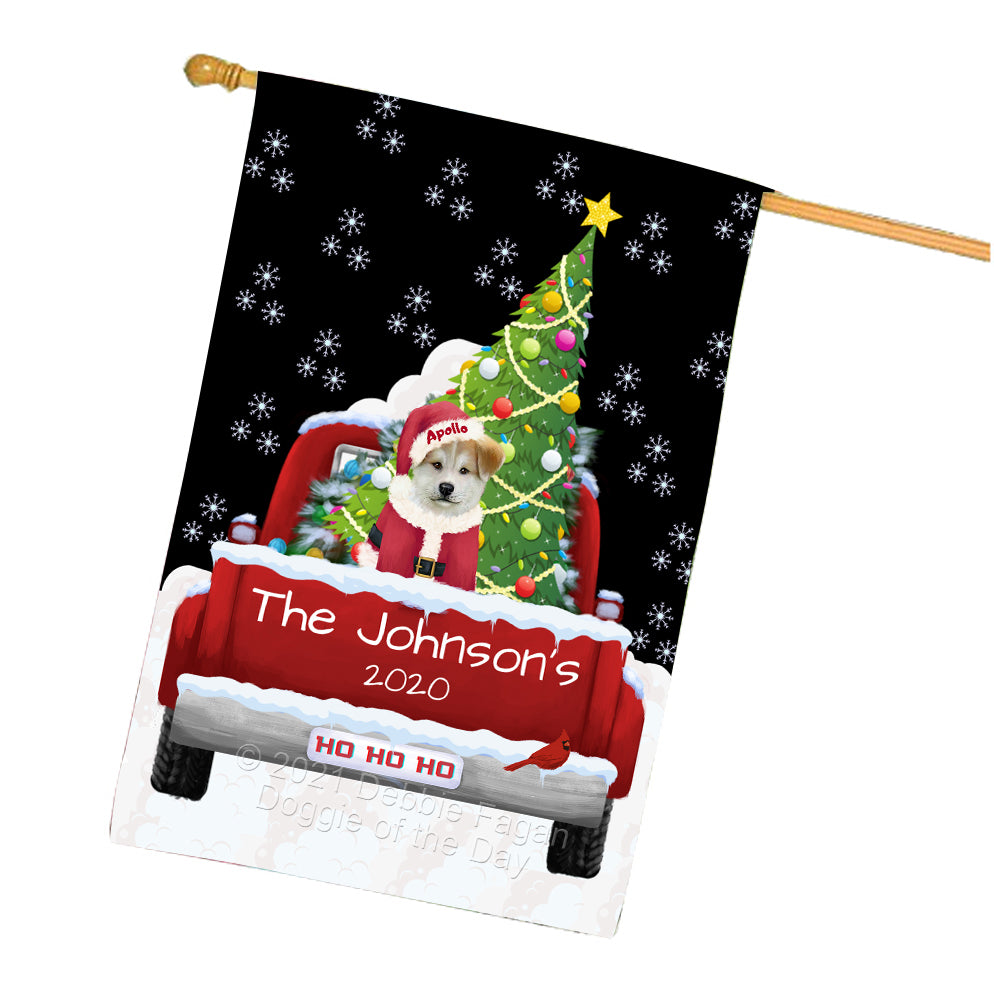 Personalized Travlin' Home for the Holidays Red Truck Akita Dog House Flag HFPERZ48004