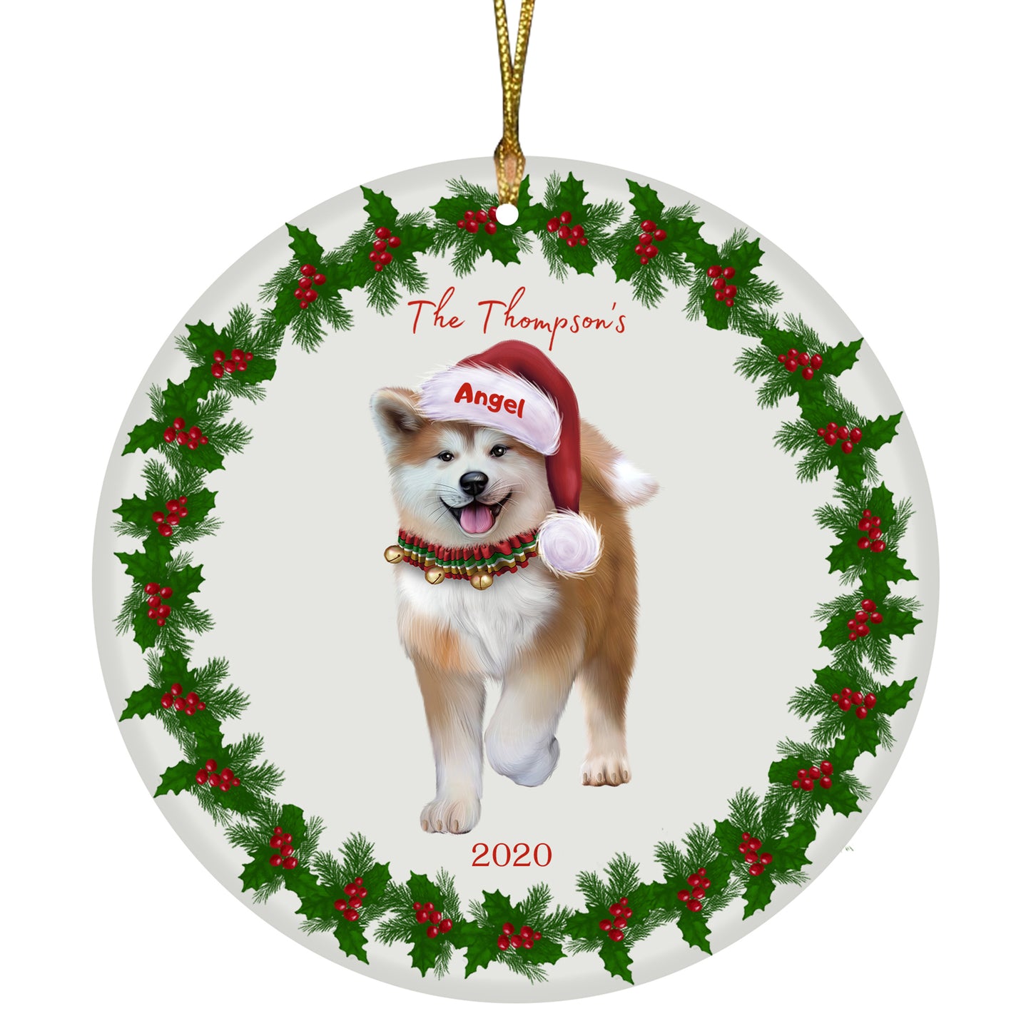Personalized Holly Berry Trimming Akita Dog Ceramic Round Flat Christmas Tree Ornament RFPOR48195