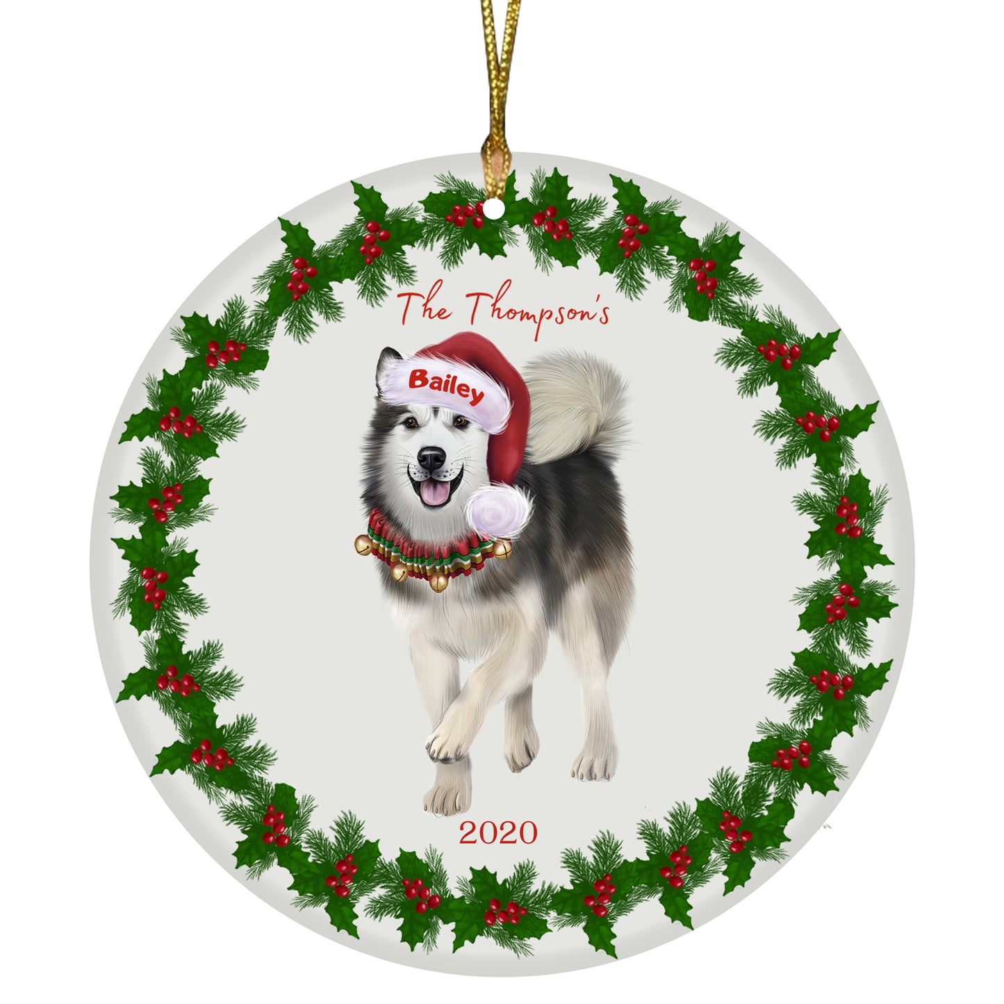 Personalized Holly Berry Trimming Alaskan Malamute Dog Ceramic Round Flat Christmas Tree Ornament RFPOR48196
