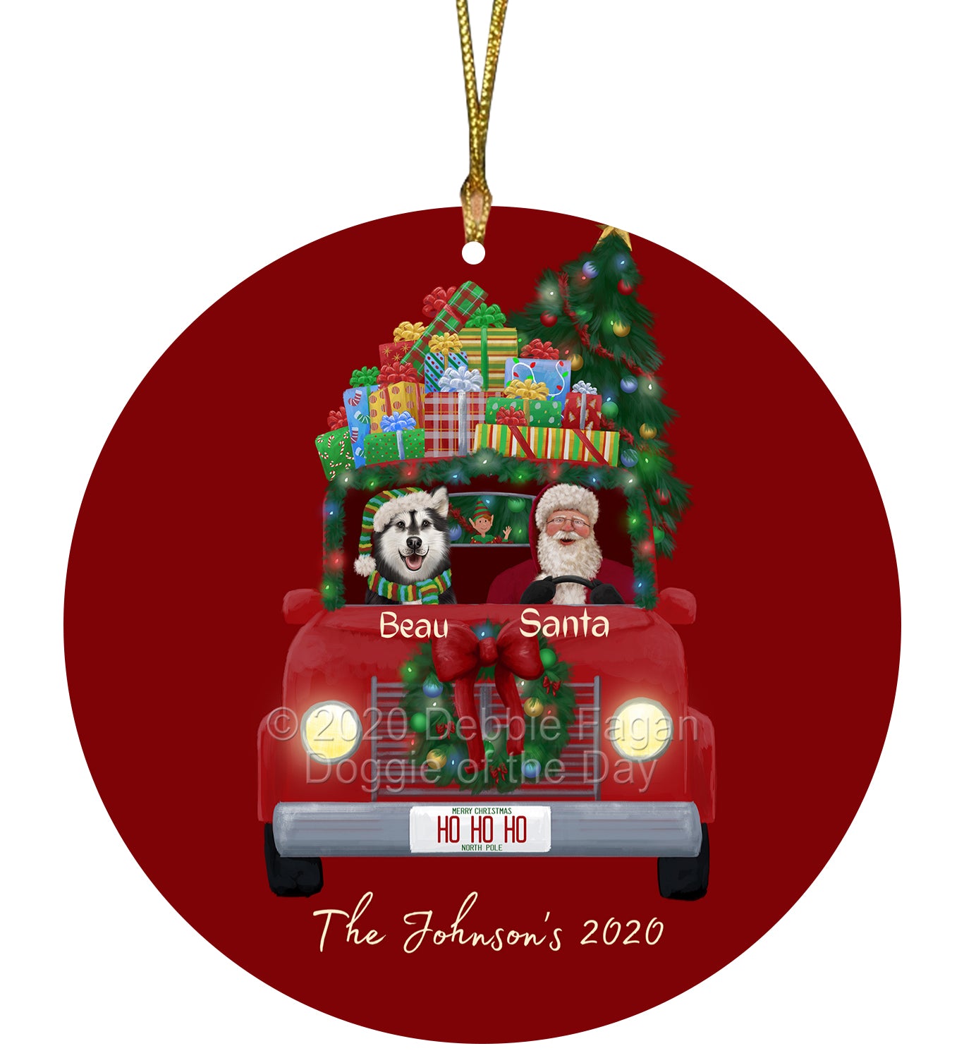 Personalized Red truck Santa with Alaskan Malamute Dog Ceramic Round Flat Christmas Tree Ornament RFPOR48008