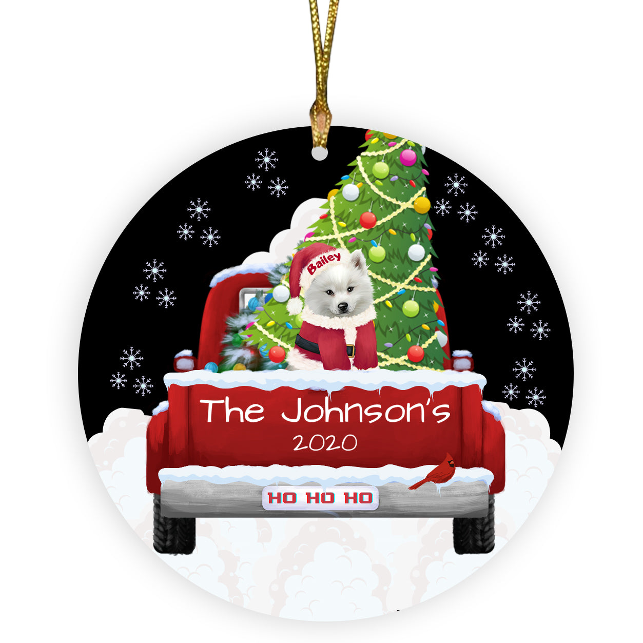 Personalized Travlin' Home for the Holidays Red Truck American Eskimo Dogs Ceramic Round Flat Christmas Tree Ornament RFPOR48103
