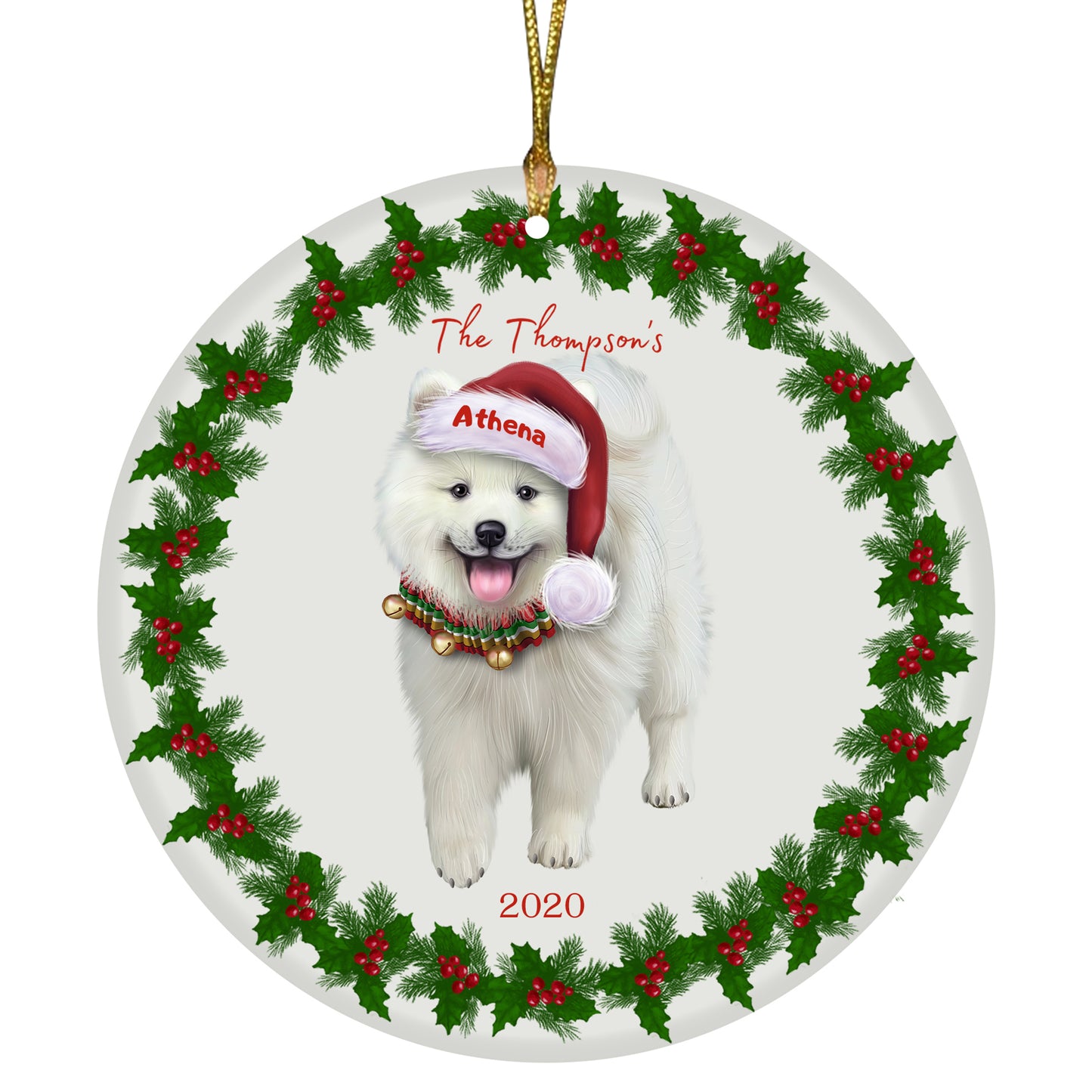 Personalized Holly Berry Trimming American Eskimo Dog Ceramic Round Flat Christmas Tree Ornament RFPOR48199