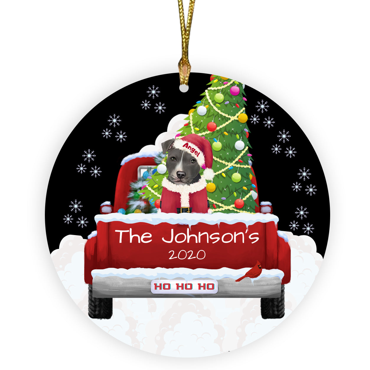 Personalized Travlin' Home for the Holidays Red Truck American Staffordshire Dogs Ceramic Round Flat Christmas Tree Ornament RFPOR48104