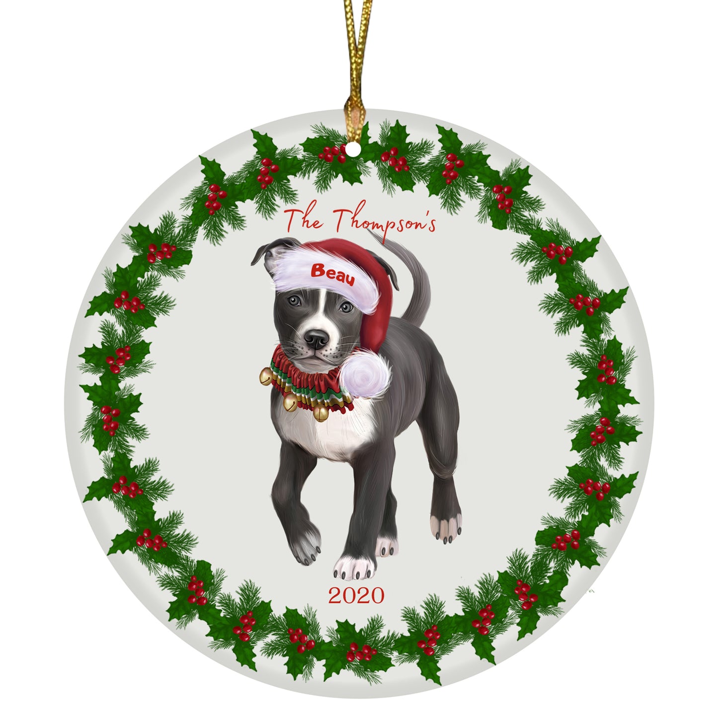 Personalized Holly Berry Trimming American Staffordshire Terrier Dog Ceramic Round Flat Christmas Tree Ornament RFPOR48203
