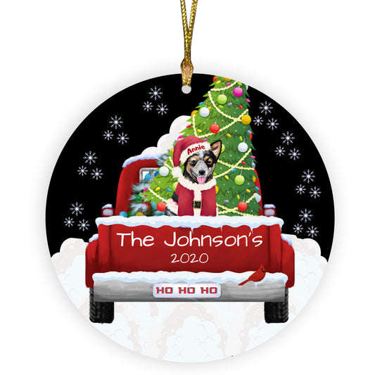 Personalized Travlin' Home for the Holidays Red Truck Australian Cattle Dogs Ceramic Round Flat Christmas Tree Ornament RFPOR48106