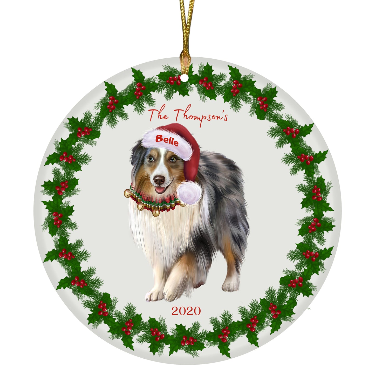 Personalized Holly Berry Trimming Australian Shepherd Dog Ceramic Round Flat Christmas Tree Ornament RFPOR48206