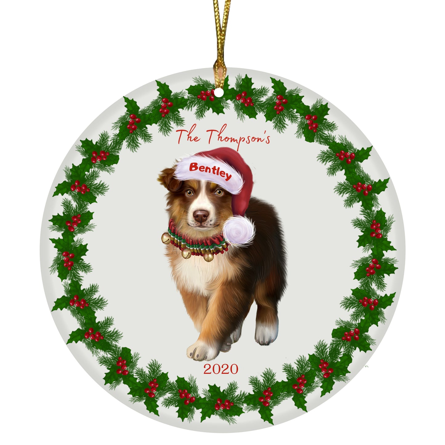 Personalized Holly Berry Trimming Australian Shepherd Dog Ceramic Round Flat Christmas Tree Ornament RFPOR48209