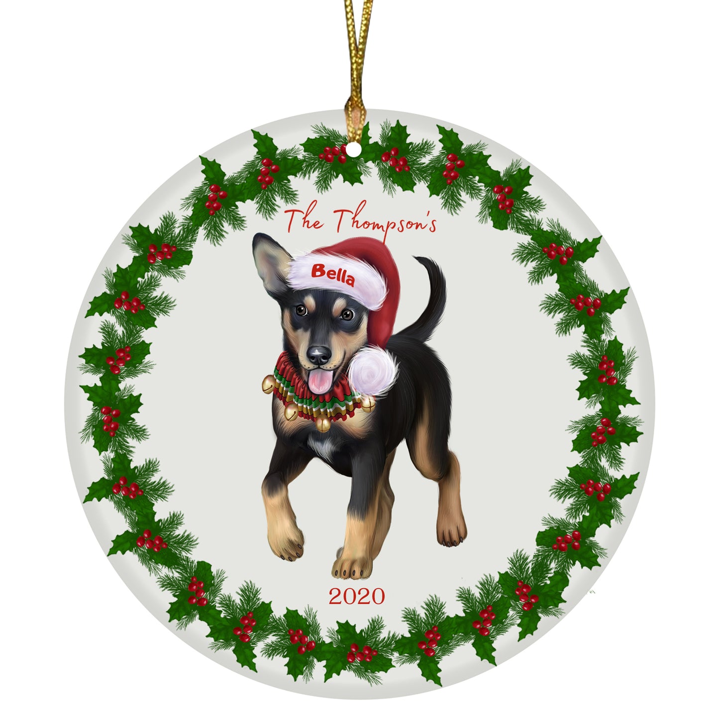 Personalized Holly Berry Trimming Australian Kelpie Dog Ceramic Round Flat Christmas Tree Ornament RFPOR48204