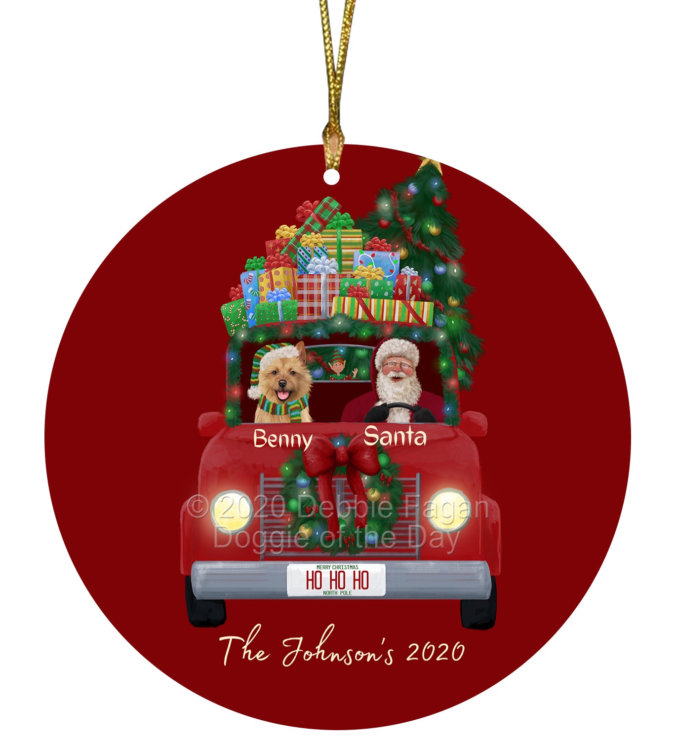 Personalized Red truck Santa with Australian Terrier Dog Ceramic Round Flat Christmas Tree Ornament RFPOR48012