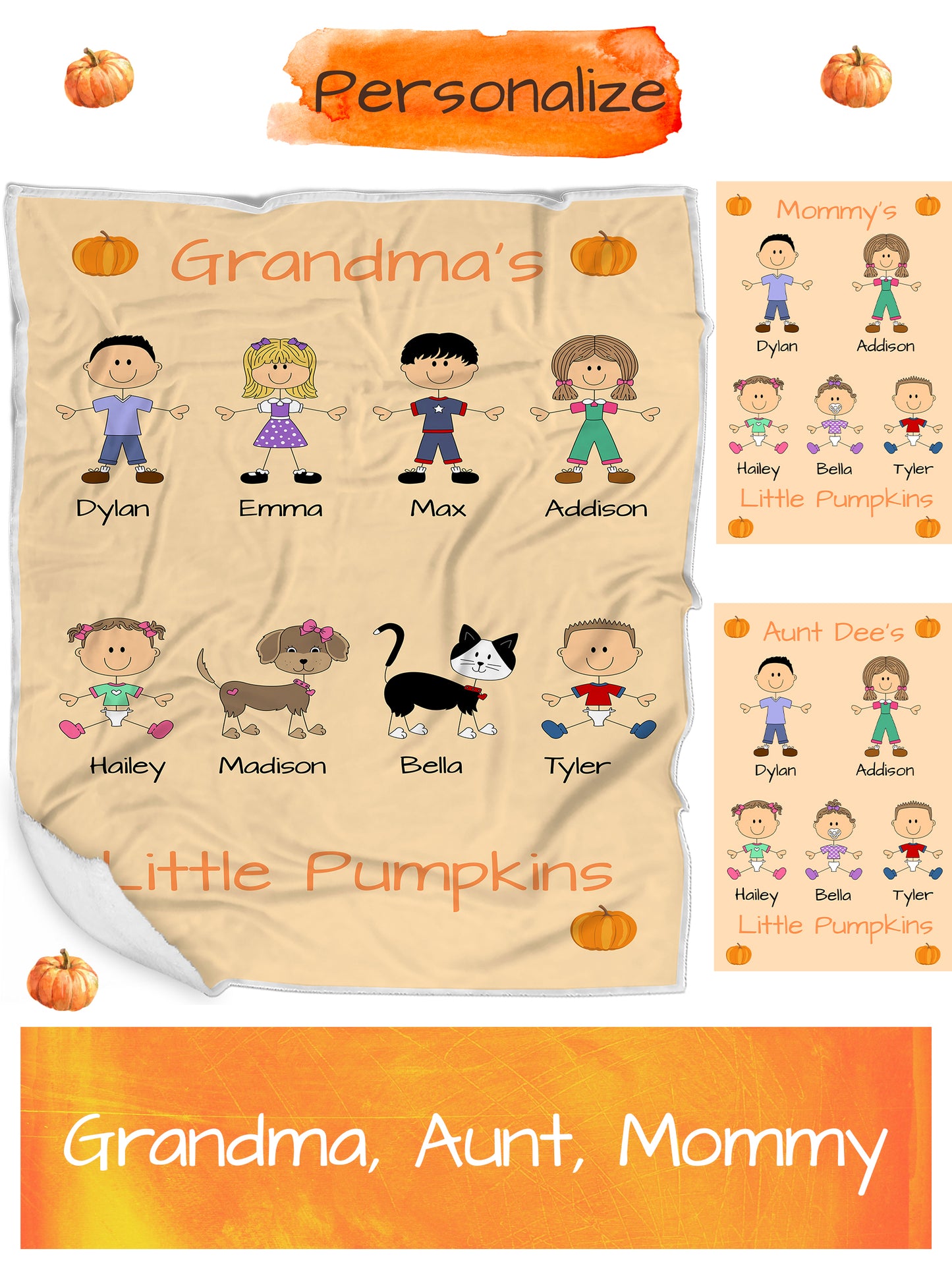Personalized Dog Cat Pets Grandma, Aunt, Mom, Wife or Sister's Little Pumpkins Blanket