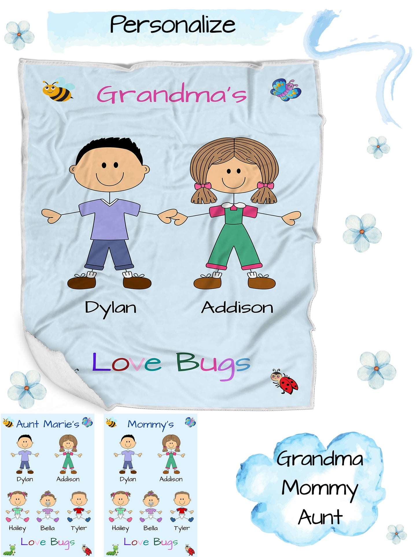 Personalized Dog Cat Pets Grandma, Aunt, Mom, Wife or Sister's Love Bugs Blanket